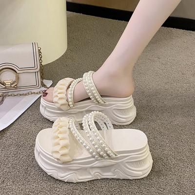 Fashion Fairy Style Pearl Two Wearing Sandals Fashionable Thick Soled and Versatile Sponge Cake Slippers for External Wear Plus Size 40