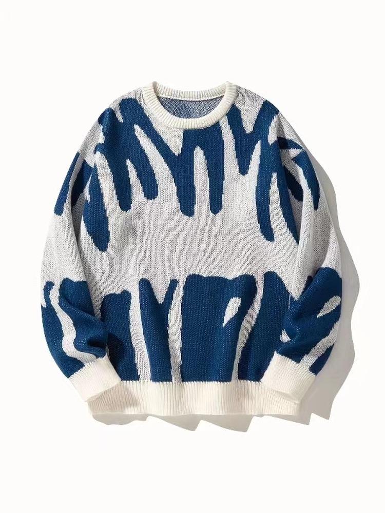 Fashion Loose Printed Knitted Sweater Autumn Korean Style Jacquard Knit Sweaters Casual Simple Round Neck Tops Pullover Casual Long Sleeve Clothing