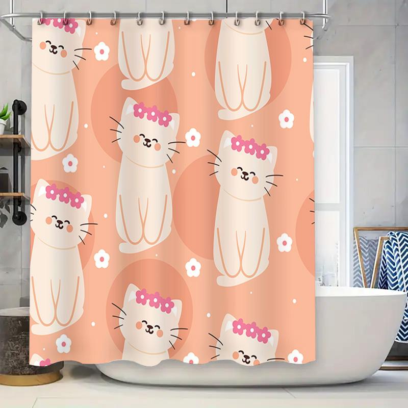 

Adorable Cat Print Shower Curtain for Bathroom Decor Pink Floral Pattern High Quality Fabric Size: 72 x 84 inches (180cm x 210cm 90x180cm