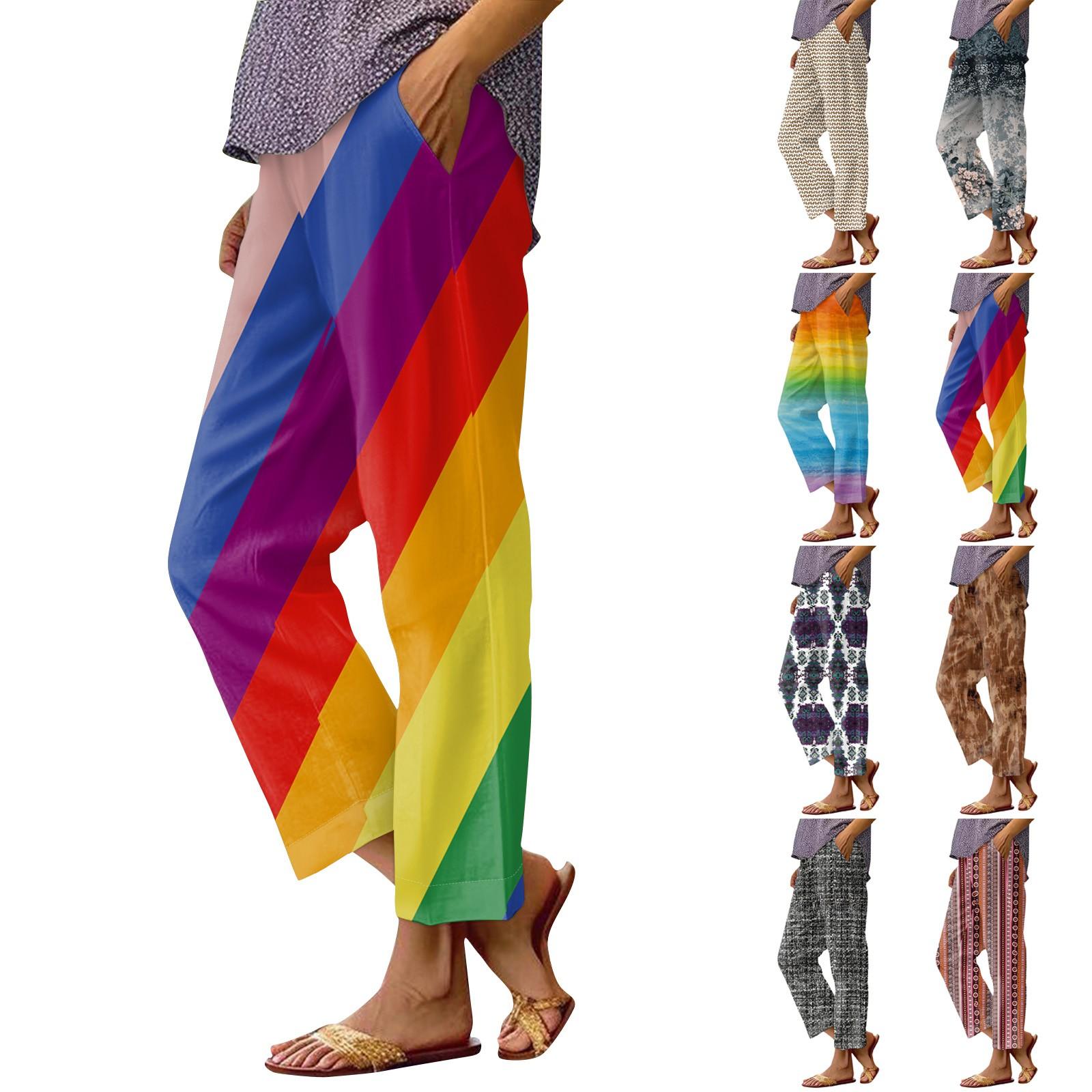 

Women s Fashionable Floral Print Straight Leg Pocket Elastic Waist Casual Pants Pants L чорний