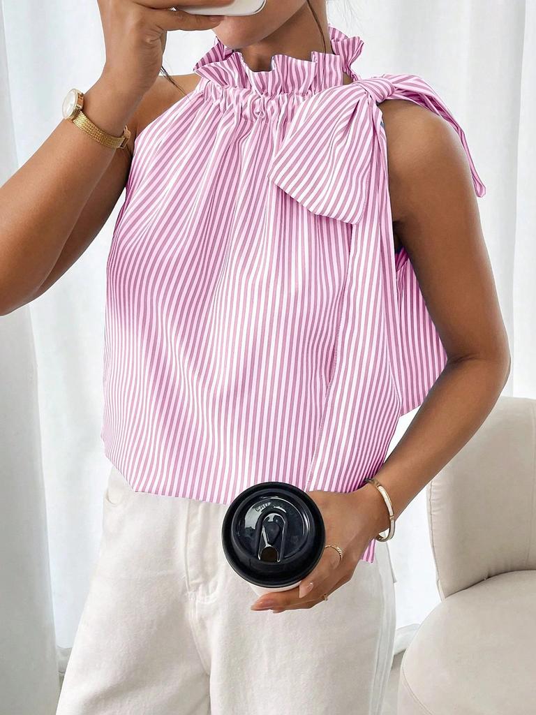Trendy Casual Striped Ruffled High Neck Tie-Up T-Shirt Top