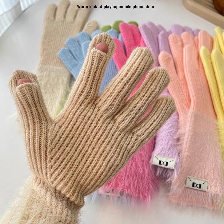 Podzimní a zimní dopaminové jednobarevné teplé pletené pětiprsté rukavice - Všestranné, roztomilé, dlouhé cyklistické návleky pro dívky
