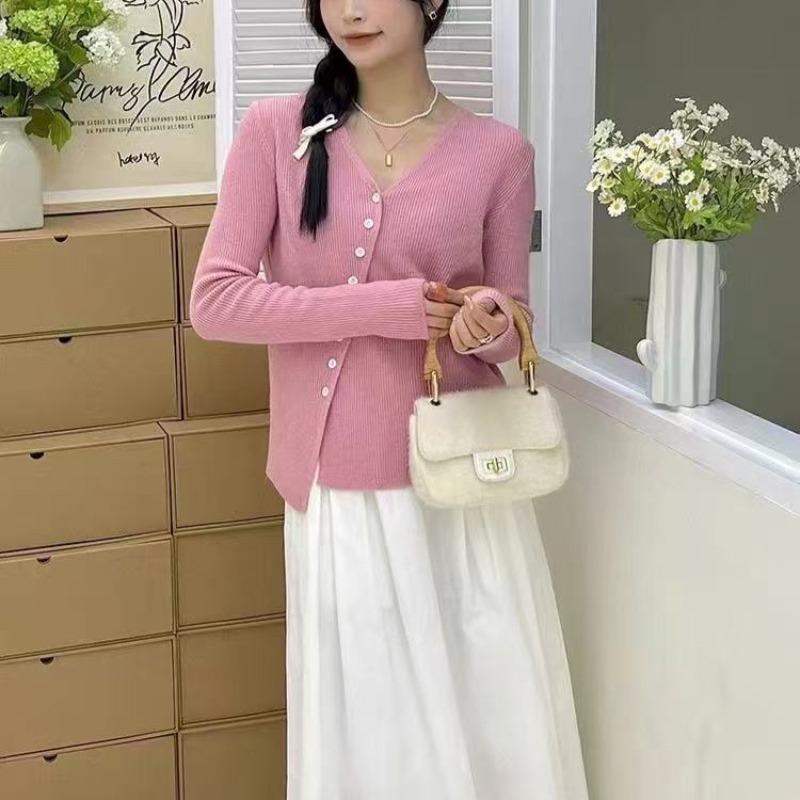 Autumn and winter new irregular single-breasted thin design loose V-neck long-sleeved knitted sweater with sweater women