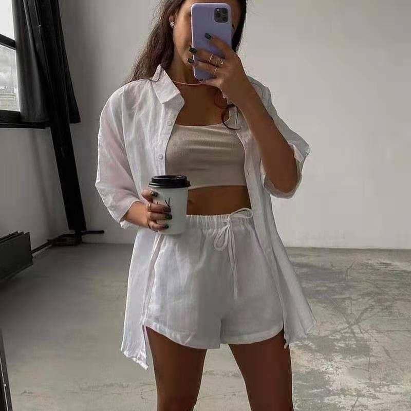 

Новая однобортная рубашка с короткими рукавами + костюм из свободных шорт White S