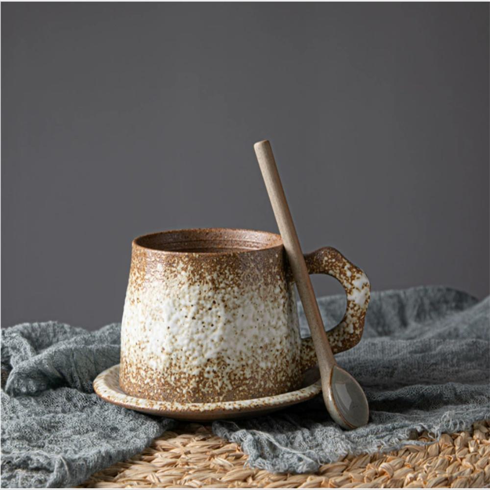 1X Japanese Style Creative Retro Ceramic Coffee Cup Mugs Saucer Set Tea Coarse Coffee Milk Cups Mug