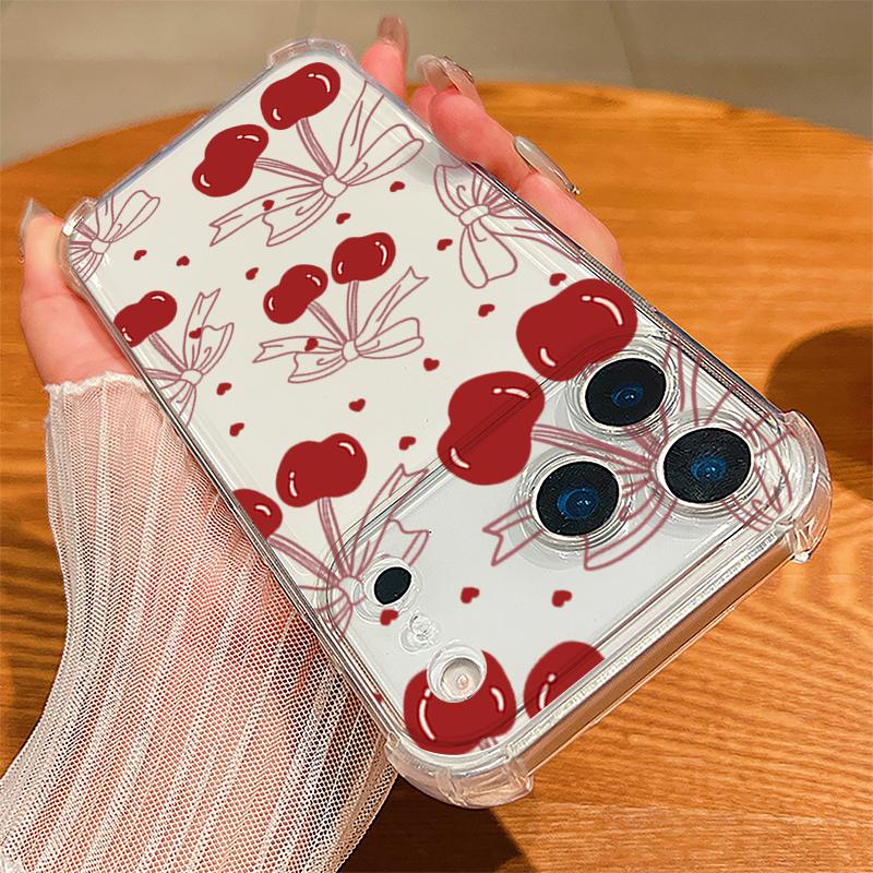 Bowknots Cherry Pattern Case For iPhone 17 Pro Max Coque iPhone 16 15 14 13 Pro Max 11 Shockproof Clear Soft Silicone Cover