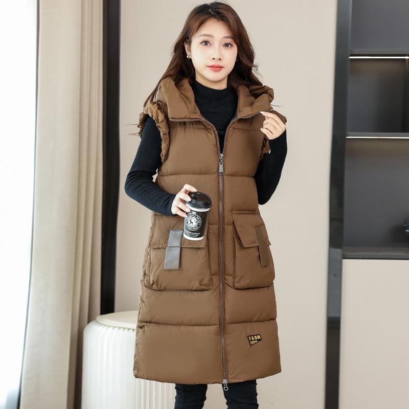 Large Size Autumn and Winter Women's Vest Hooded Mid-length Outdoor Thickened Windproof Warm Vest Loose Sleeveless Jacket Jacket