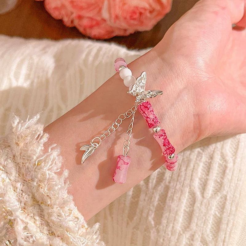 

Fashion Gradient Pink Bamboo Joint Beaded Bracelet for Women Leaf Butterfly Charms Bracelets Stretch Bangles Sweet Zircon Gift