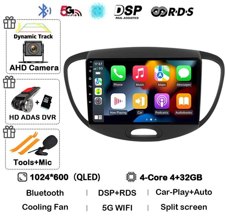 Android 14 CarPlay Auto Car Radio GPS For Hyundai i10 2007 2008 2009 2010 2011 2012 2013 Multimedia Video Player Stereo WIFI+4G