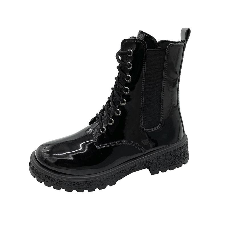 Women's Boots Medium Heel Round Head Cut West Boots 2025 Autumn New Korean Version Patent Leather Women's Shoes Comfortable Martin Boots