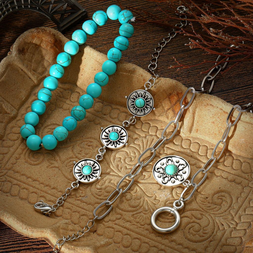 Combination Jewelry, Retro Personalized Disc Turquoise Embellishment 4-Piece Set Bracelet Bracelet.