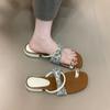 Fashion temperament Metal buckle cover toe low heel cool slippers summer silver French flip-flops outer wear