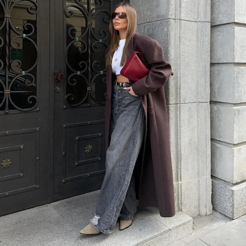 Damen Zweireihiger Schultergepolsterter Reversmantel