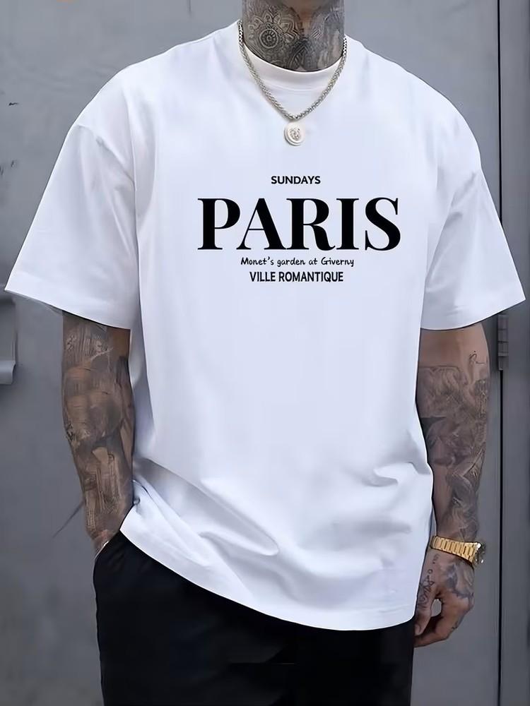 Mens paris graphic tshirt oversized white summer streetwear casual cotton tee S