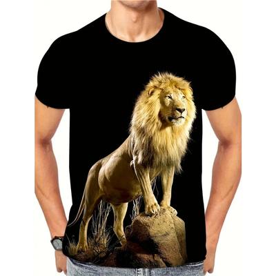 Summer Vibes Lion Print T-Shirt - Stretchy Round Neck, Casual Street Soft Breathable Comfortable Fit, Ideal for Summer Outings Mens Fashion Tee