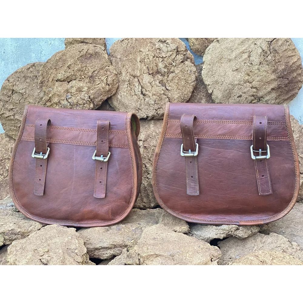 New 2 Large Motorcycle 1 Pair Goat Leather Saddlebags 2 Brown Bag