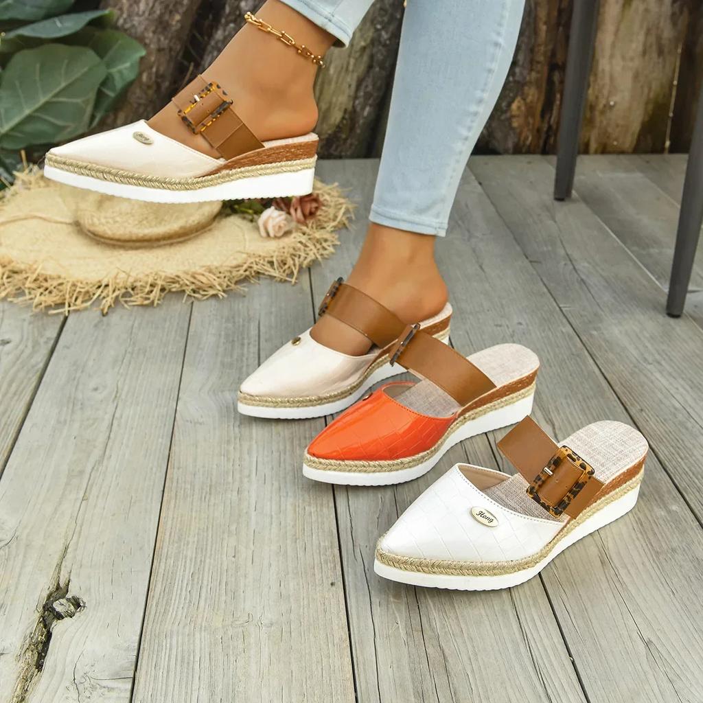 Fashion Large Size Spliced Color Headed Sandals with Rope Weave Thick Heel Slip-On Women's Shoes Lightweight Rubber Bottom Casual Slippe