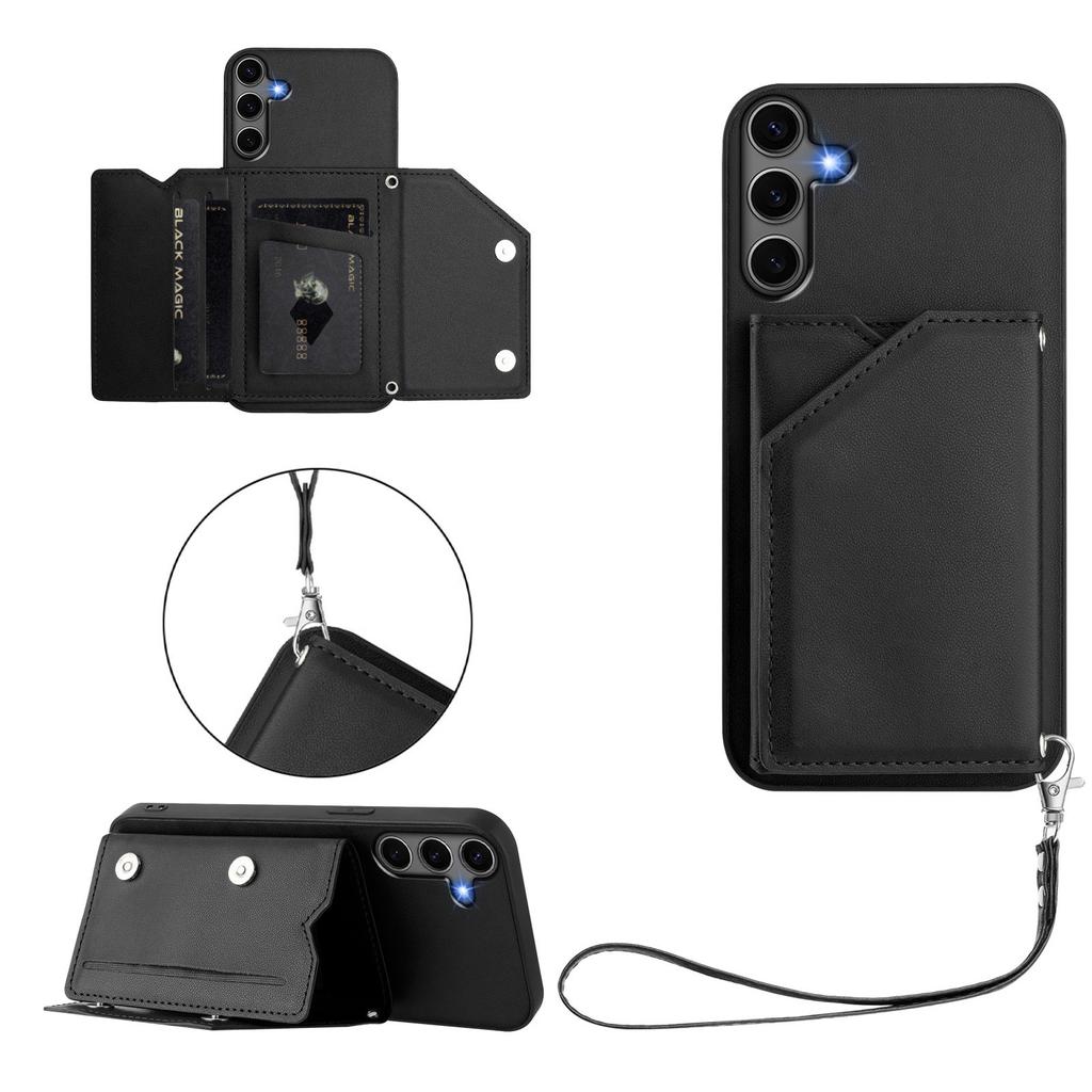 For Samsung Galaxy S25+ Case Card Holder Kickstand Skin-Touch Phone Cover with Wrist Strap