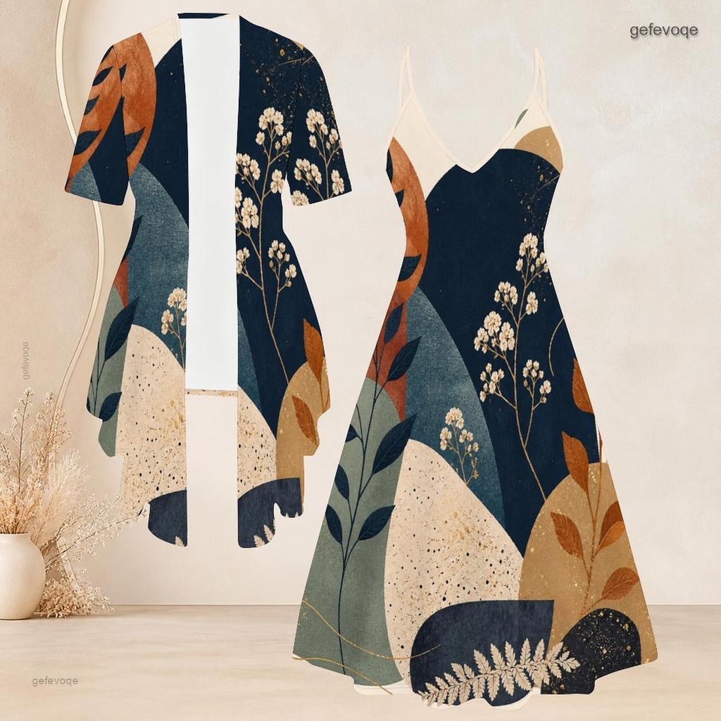 Women Plus Size Two Piece Set Blue Beige White Printed Short Sleeve Cardigan V Neck Strappy Flared Dress