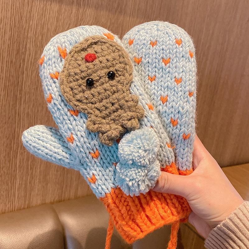 

Рождественские вязаные перчатки с рисунком для осени и зимы, свисающая шея с флисом для тепла, защита от холода, велосипедные перчатки с пальцами One Size небесно-голубой