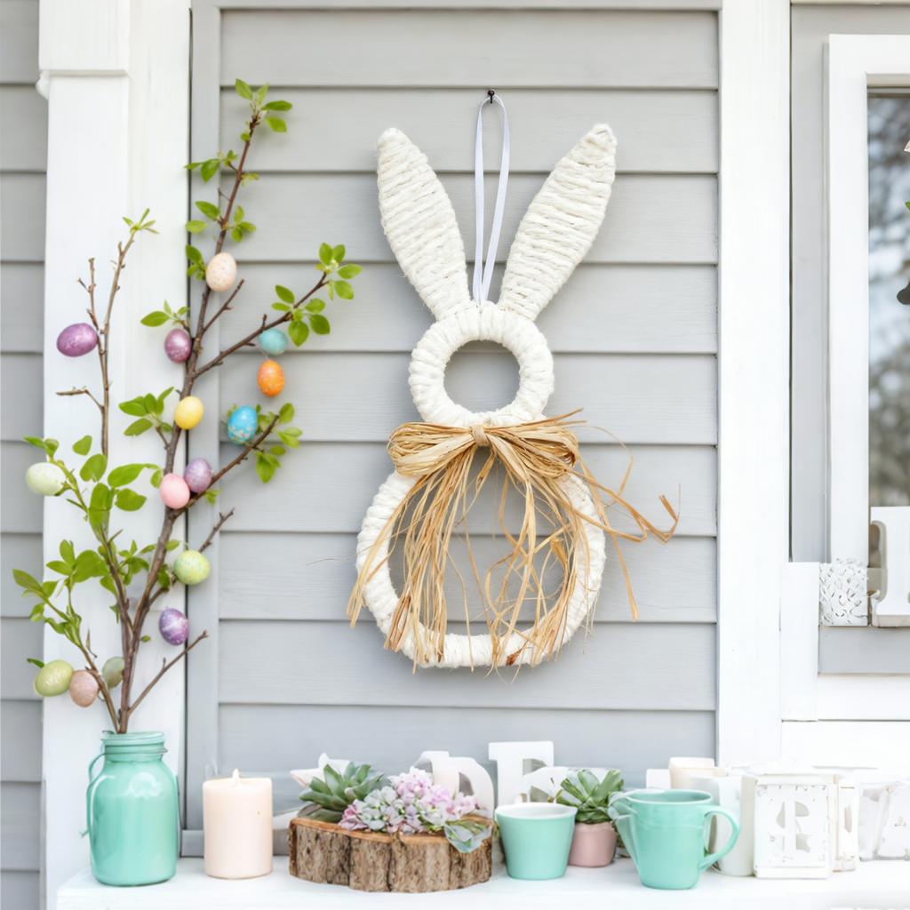 47*20cm Easter Bunny Wreath With Flowers, Bunny Shaped Pendant, Front Door Decoration