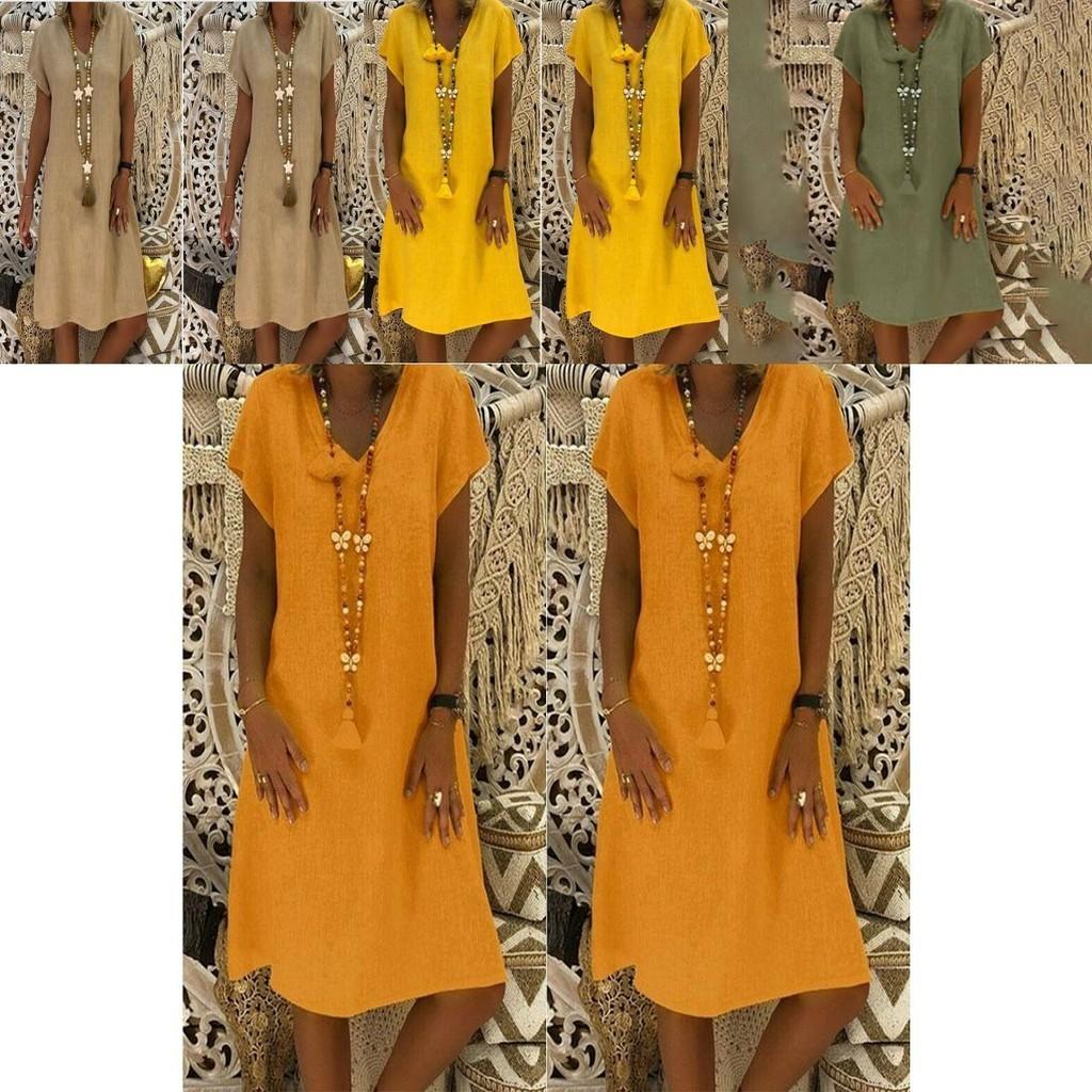 Stylish Summer Women's Short Sleeves V-neck Tunic Midi Dress For Plus Size Fashion