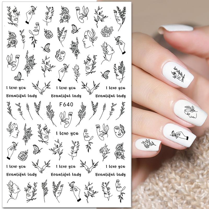 1PCS Black White Butterfly Laser Nail Stickers Nail Art Decoration Abstract Lines Bronzing Flowers Stickers For Nails