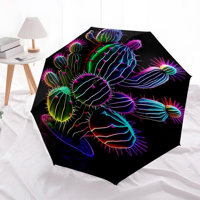 1pc Neon Cactus Artwork Umbrella with Plastic Handle,Suitable for All Seasons UmbrellaPT479