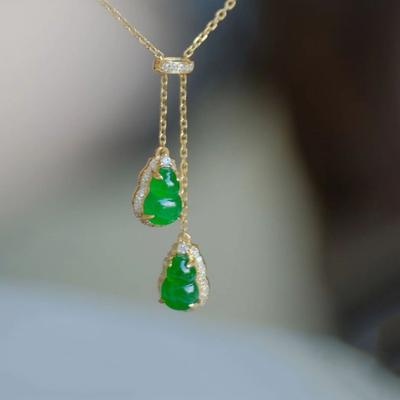 Natural Jade Chalcedony Green Double Gourd Pendant Light Luxury And High Quality Vintage Necklace Clavicle Chain Banquet Jewelry