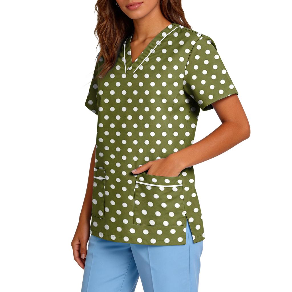 Women's Stretch Quick-Dry V-Neck Short Sleeve Workwear Top with Polka Dot Print & Pockets