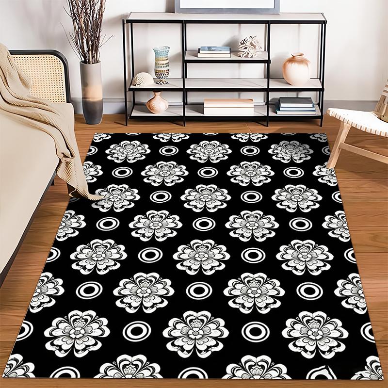 Black and White Floral Pattern Carpet, Modern Home Decor Rug Suitable for use as an anti-slip for living room bedroom sofas
