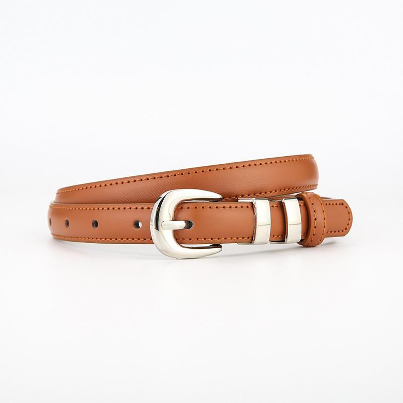 Womens True Leather Slim Belt With Metal Buckle For Casual Office Wear