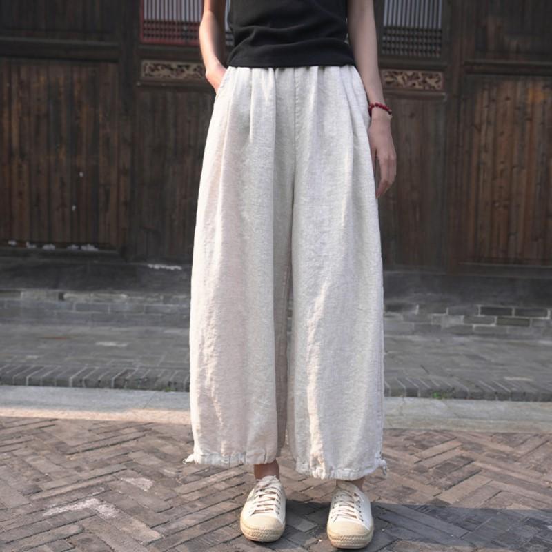 Johnature Pantaloni drepți din bumbac și in pentru femei Pantaloni de toamnă de culoare solidă Buzunare cu talie elastică Pantaloni vintage până la gleznă