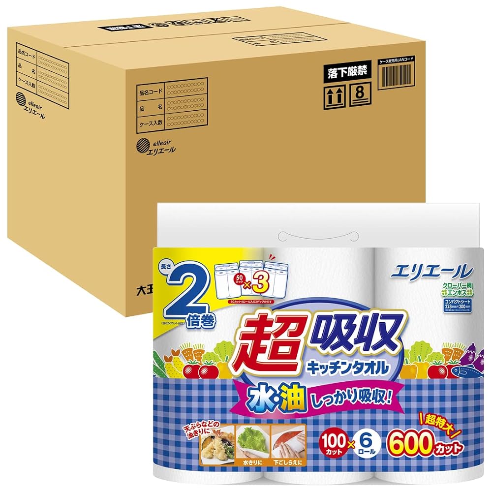 Japanese Product Elleair Kitchen Paper Super Absorbent Kitchen Towels 100 Cuts Rolls (6 Rolls Packs)