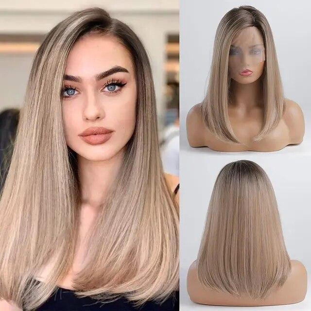 Shoulder Length Straight Lace Wigs Brown Dark Roots Silky Party Synthetic Hair Natural Soft Daily Wigs for Women Heat Resistant