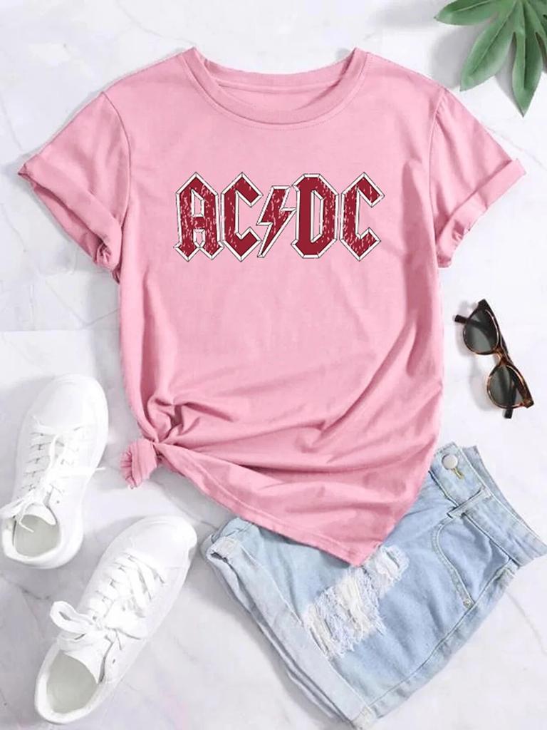 100% Cotton T-shirt Graphic Ac Dc Printed Summer Letters T Shirt Fashion Unisex Women Short Sleeve Band Tees Gothic Clothing Unisex