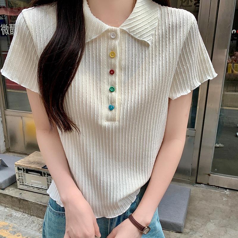 Front Shoulder Short Sleeve Polo Neck Knitted Sweater Women's Summer Design Sense Skinny Top Trend