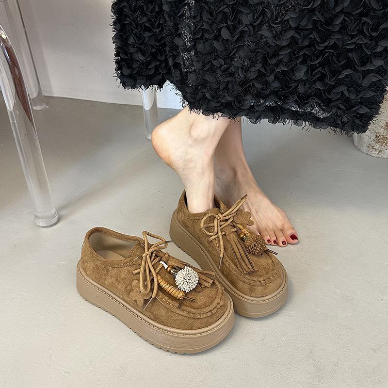 2025 retro round head lace-up women's shoes British style platform versatile small fringed loafers women's single shoes trend
