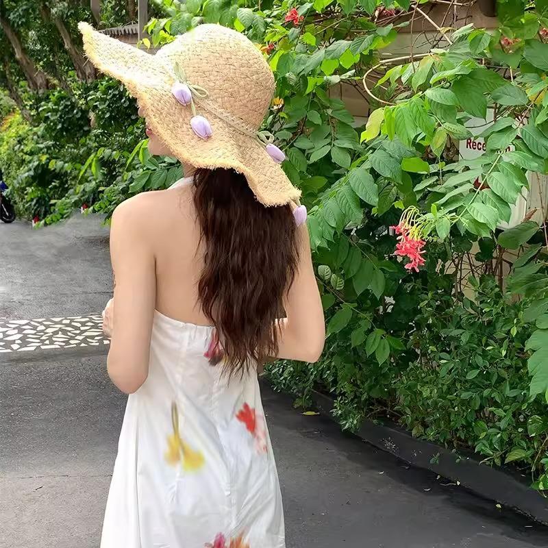 Japanese and French Sweet Tulips Straw Hat Sun Protection Big Brim Sun Protection Lafite French Big Brim Straw Hat