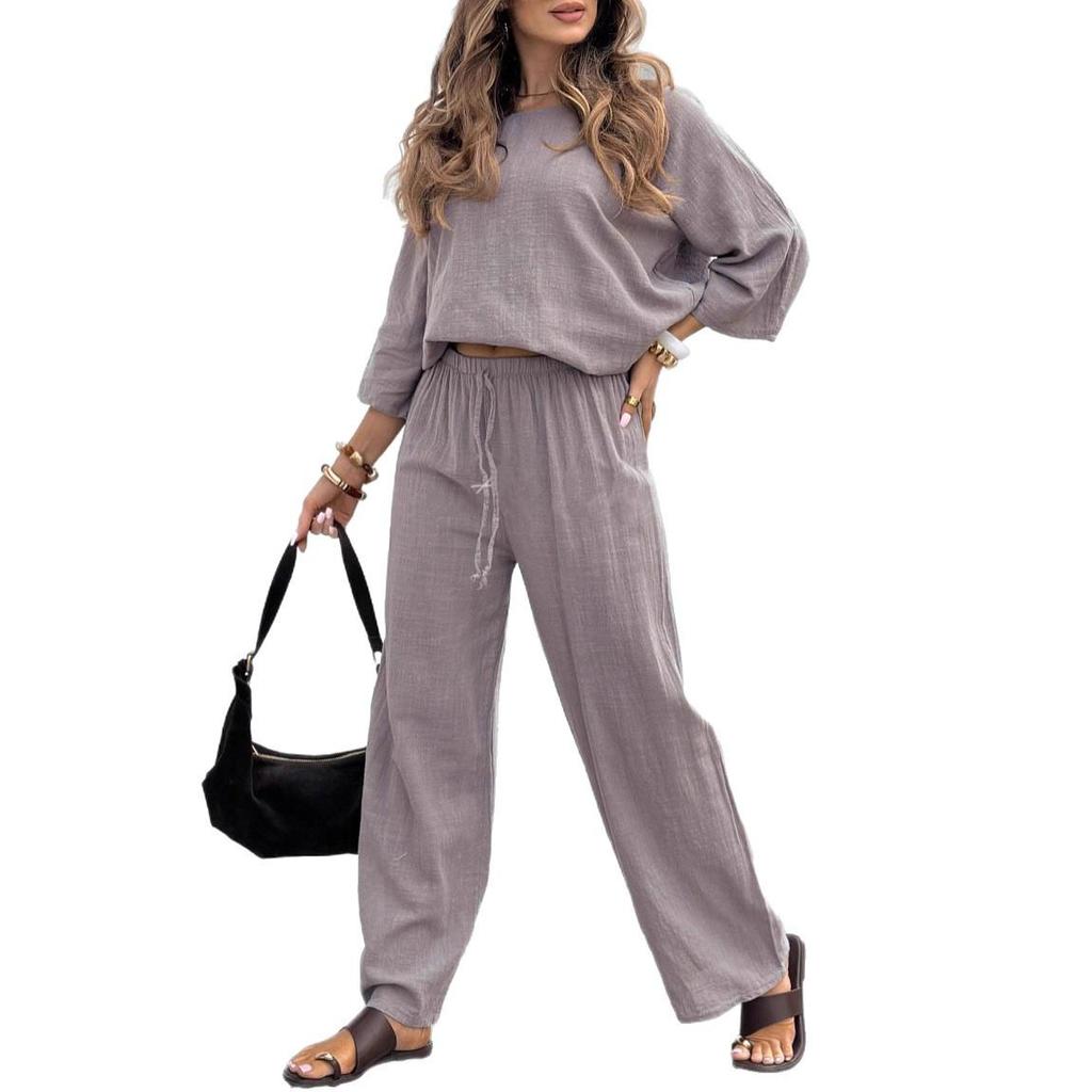 2025 Cross-Border Women's Solid Color Round Neck Linen-Cotton Top & Casual Lace-Up Loose Pants Set