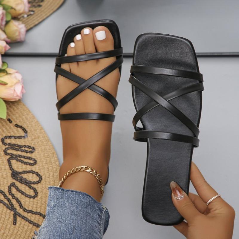 Dames pluss størrelse flate sandaler med enkel rem, ensfarget firkantet tå, avslappede sommerslippers