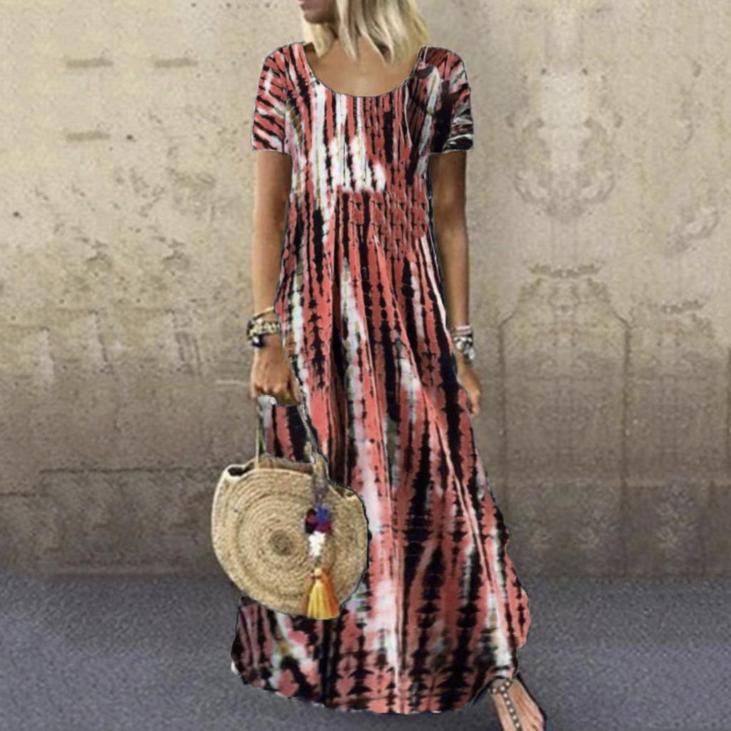 Women's Casual Loose Round Neck Short Sleeve Tie- Printed Long Hem Dress