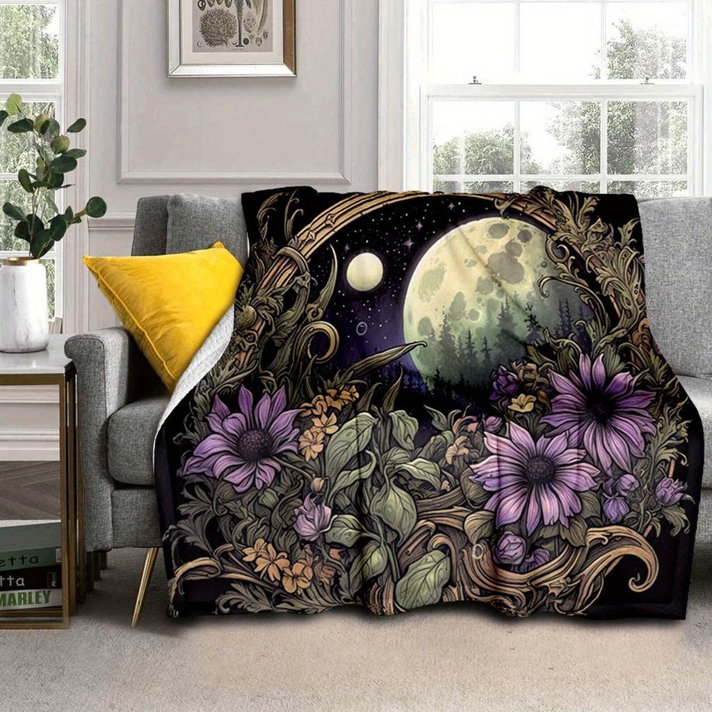 1pc Beautiful Flowers And Moon Pattern Blanket,Soft And Comfortable Blanket, Travel Sofa Bed, Office Home Decor, Birthday Gift Blanket, Boys, Girls