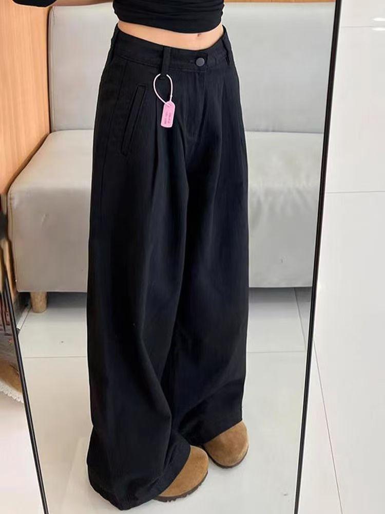 Women's Big American Style Black Wide-Leg Jeans, Autumn/Winter Pear Shape, Floor-Length, Loose Fit