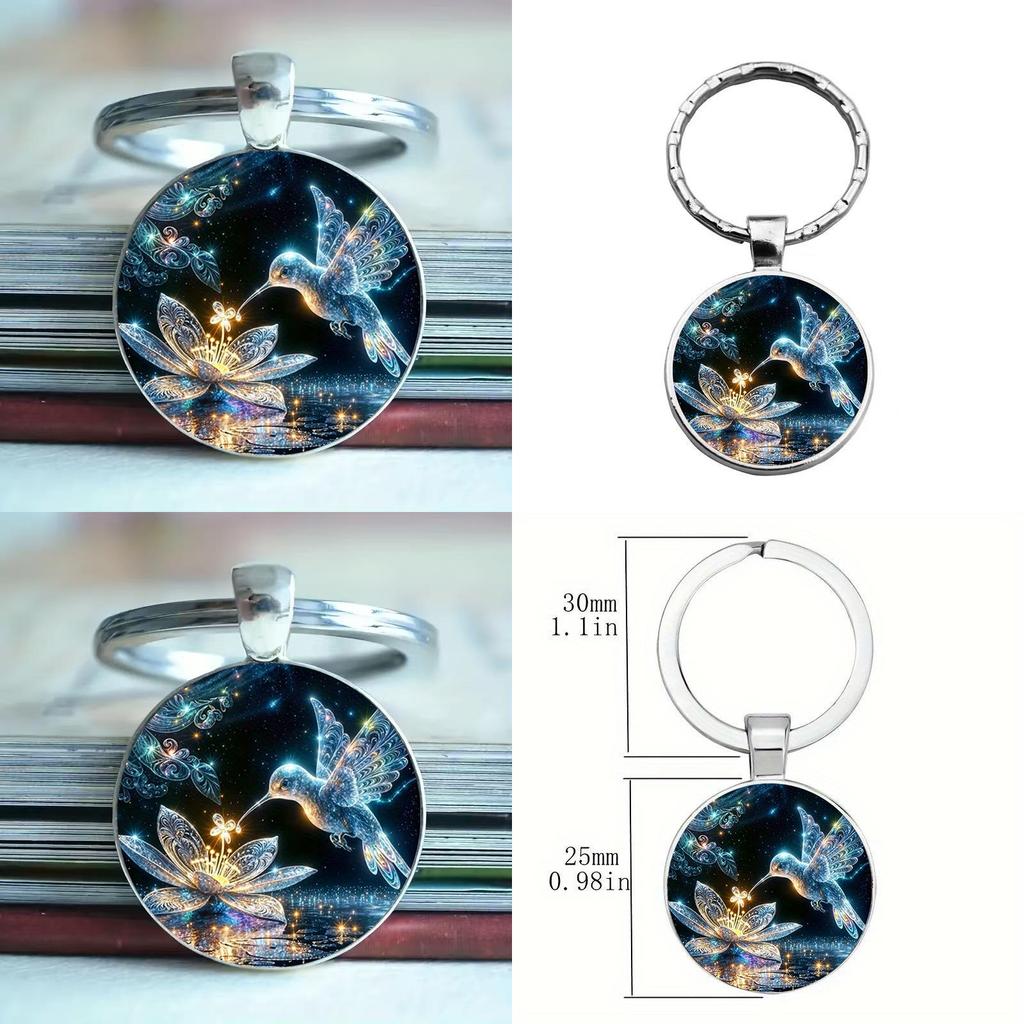 Modern Hummingbird Blossom Alloy Keyring With Glass Finish For Promotional Gifts And Party Favor Use
