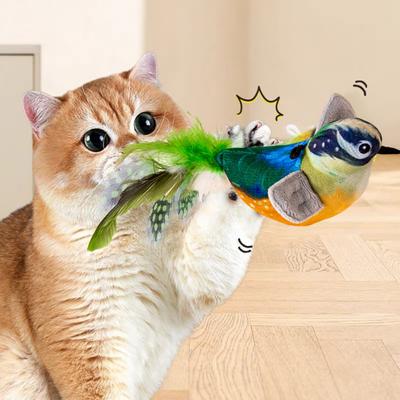 Giocattolo per gatti a forma di uccello che cinguetta, simulazione interattiva, uccello elettrico, attivato al tocco, peluche, per gatti e cani da interno