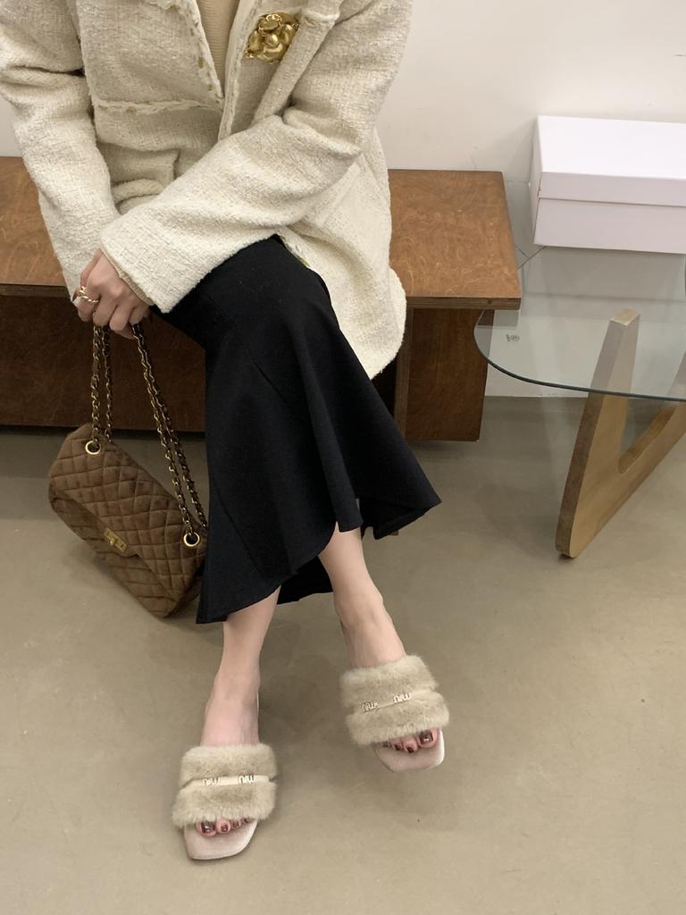 French Retro Flats Women Wear Gray Small Fragrant Style Word with Lazy Fluffy Half Slippers Internet Celebrity Ins