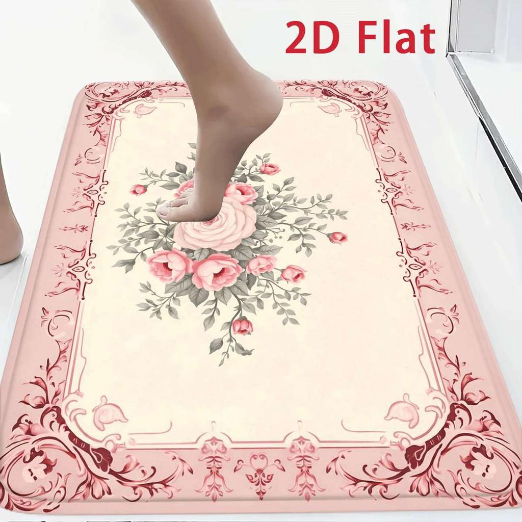 Set di Tappetini da Bagno Antiscivolo in Flanella Floreale Rosa Elegante 2D Piatto Ultra Assorbente Tappetino Decorativo per Pavimento da Cucina