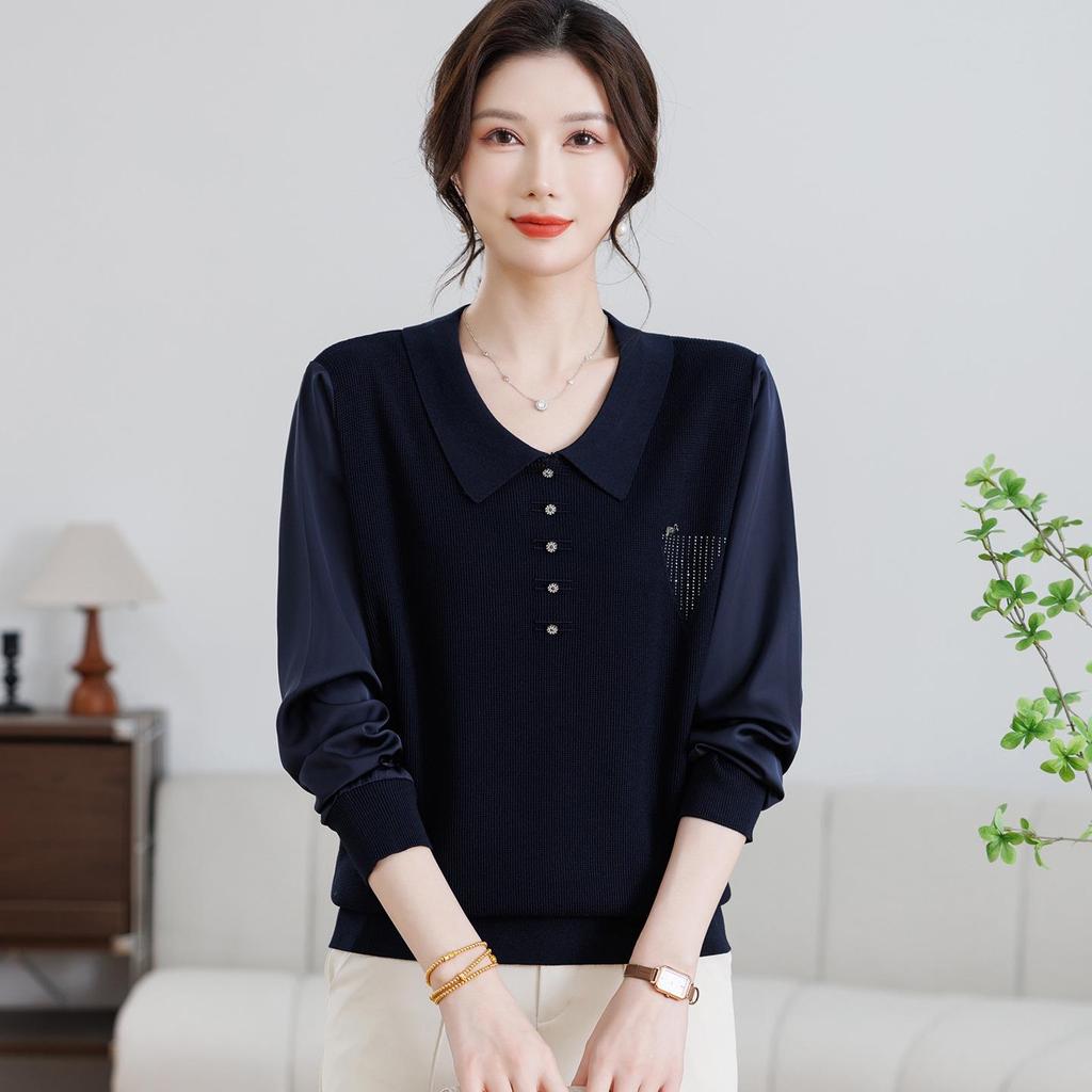 Mom's Gauze Sleeve Long-Sleeve Knit Top for Middle-aged Women - Lightweight Spring/Autumn Wear