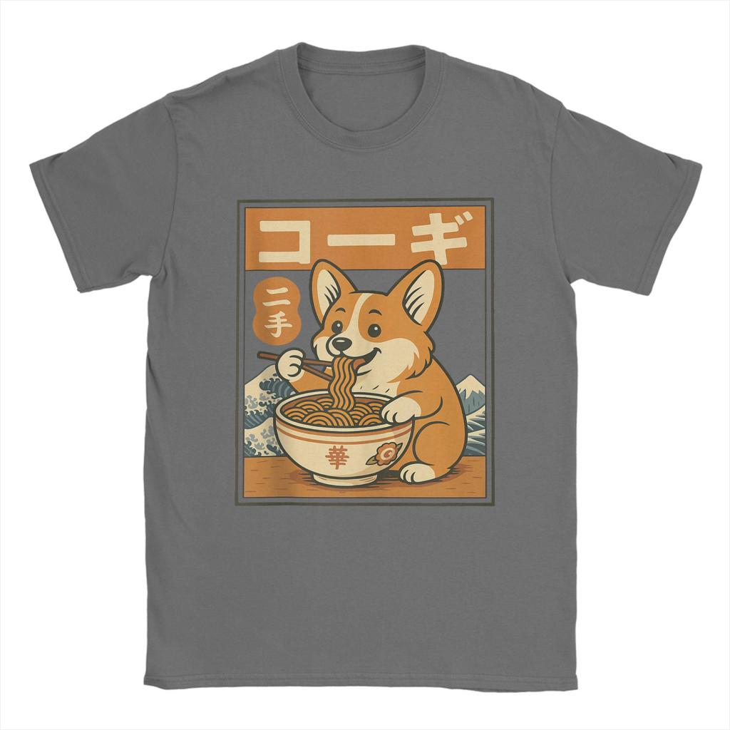 Corgi Eating Ramen T Shirts for Men Cotton Leisure TShirts Round Neck Tees Short Sleeve Tops Plus Size